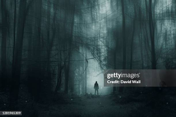 a spooky hooded figure, standing in a winter forest. with glowing supernatural lights. with a blurred, abstract edit - scary forest stock pictures, royalty-free photos & images