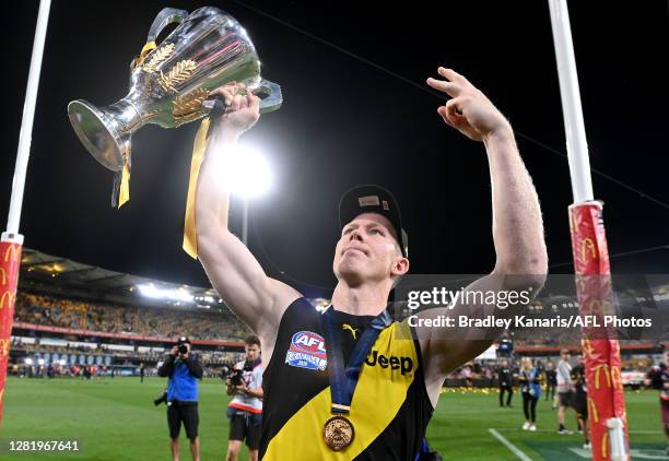 Jack Riewoldt of the Tigers celebrates victory after the 2020 AFL Grand Final match between the Richmond Tigers and the Geelong Cats at The Gabba on...