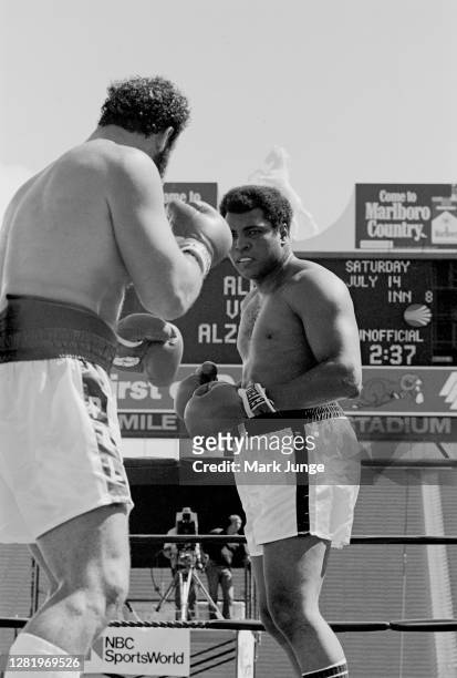 Muhammad Ali squares off against Lyle Alzado during an eight-round exhibition match at Mile High Stadium on July 14, 1979 in Denver, Colorado. Alzado...