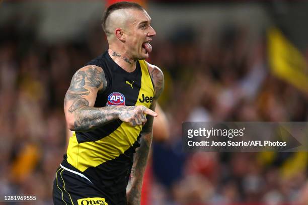 Dustin Martin of the Tigers celebrates a goal during the 2020 AFL Grand Final match between the Richmond Tigers and the Geelong Cats at The Gabba on...