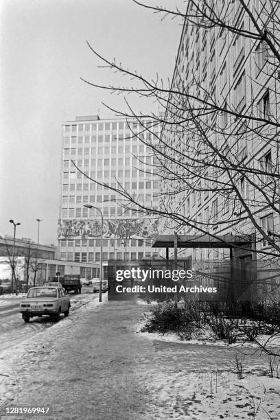 Buildings near Haus des Lehrers building at Alexanderplatz square in the Eastern part of Berlin, Germany 1970.