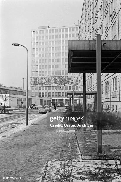 Buildings near Haus des Lehrers building at Alexanderplatz square in the Eastern part of Berlin, Germany 1970.