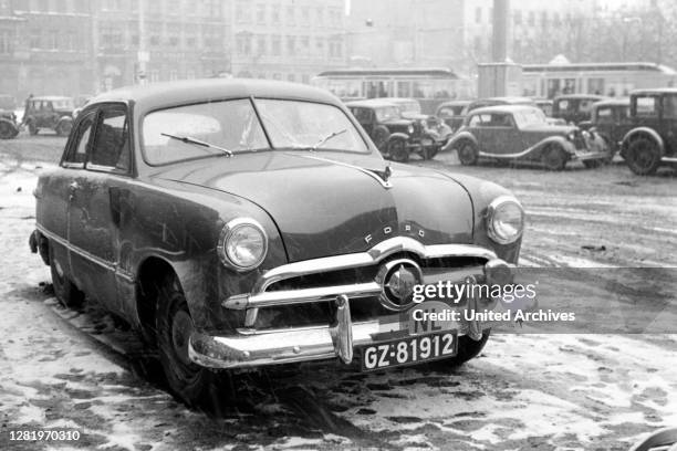 Picture of a parking spot in front of the exhibition, Leipzig Germany 1949.