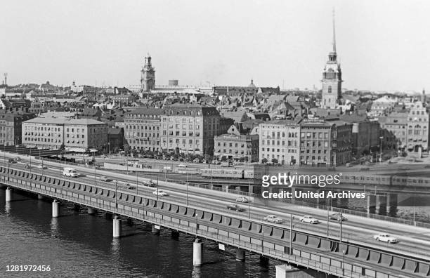 View of historic Stockholm with the Centralbron taking up the front, the cathedral on the left and the German Church on the right, 1969.