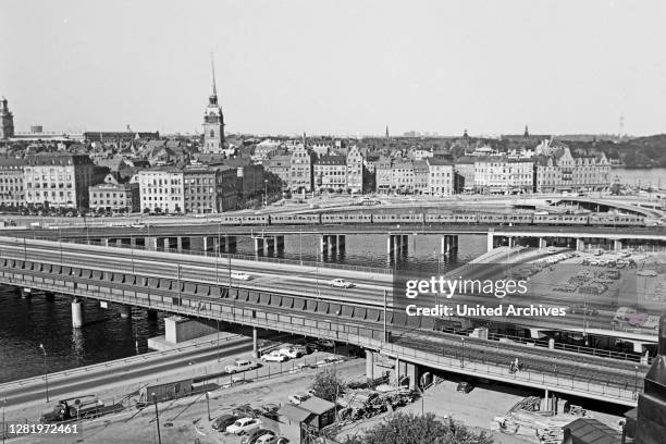 View of historic Stockholm with the Centralbron taking up the front, the cathedral on the left and the German Church on the right, 1969.