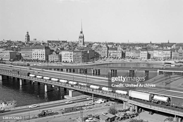 View of historic Stockholm with the Centralbron taking up the front, the cathedral on the left and the German Church on the right, 1969.