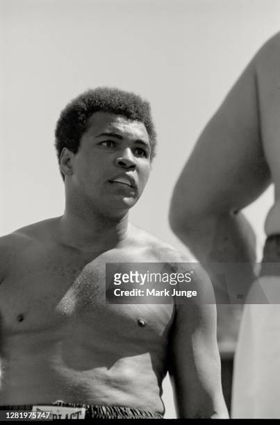 Muhammad Ali , stares at Lyle Alzado during an eight-round exhibition match at Mile High Stadium on July 14, 1979 in Denver, Colorado. Ali was a...