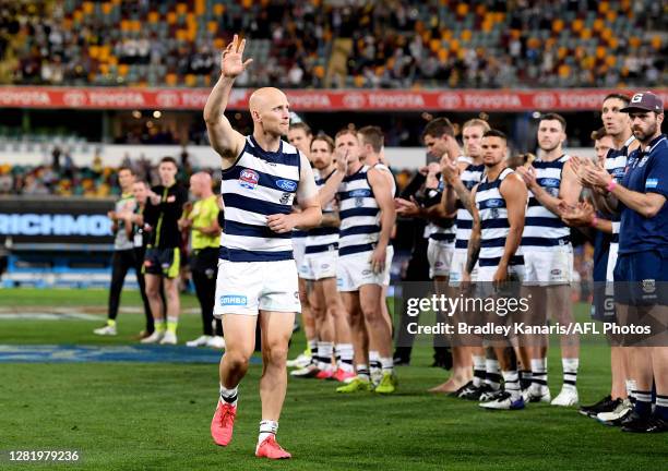 Gary Ablett of the Cats farewells fans after the 2020 AFL Grand Final match between the Richmond Tigers and the Geelong Cats at The Gabba on October...