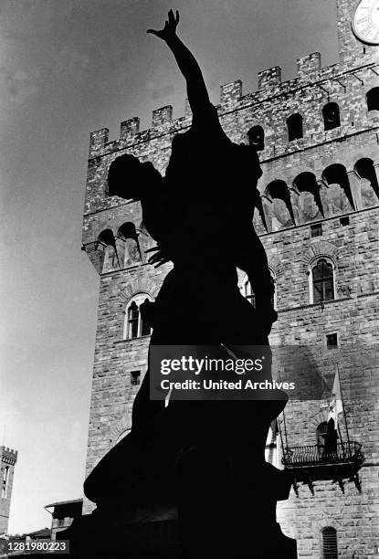 - Italy in 1950s - The Rape of the Sabine Women, silhouette, Loggia dei Lanzi, Florence. Sculpture "The Rape of the Sabine Women" in Florence, Italy....
