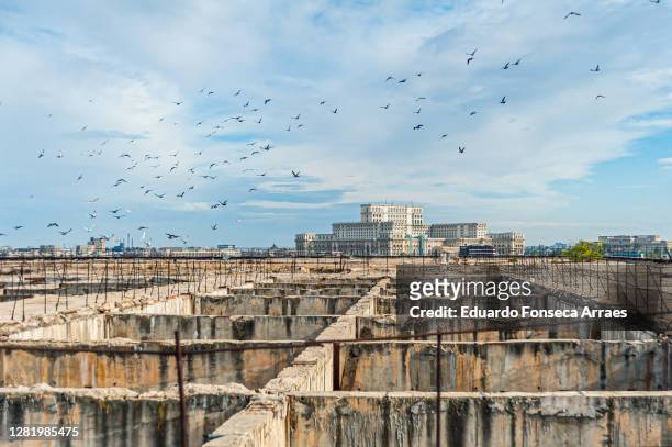view from the dâmbovița center (also named casa radio), an abandoned and unfinished building of bucharest and the colossal romanian palace of parliament (palatul parlamentului) - romanian ruins stock pictures, royalty-free photos & images