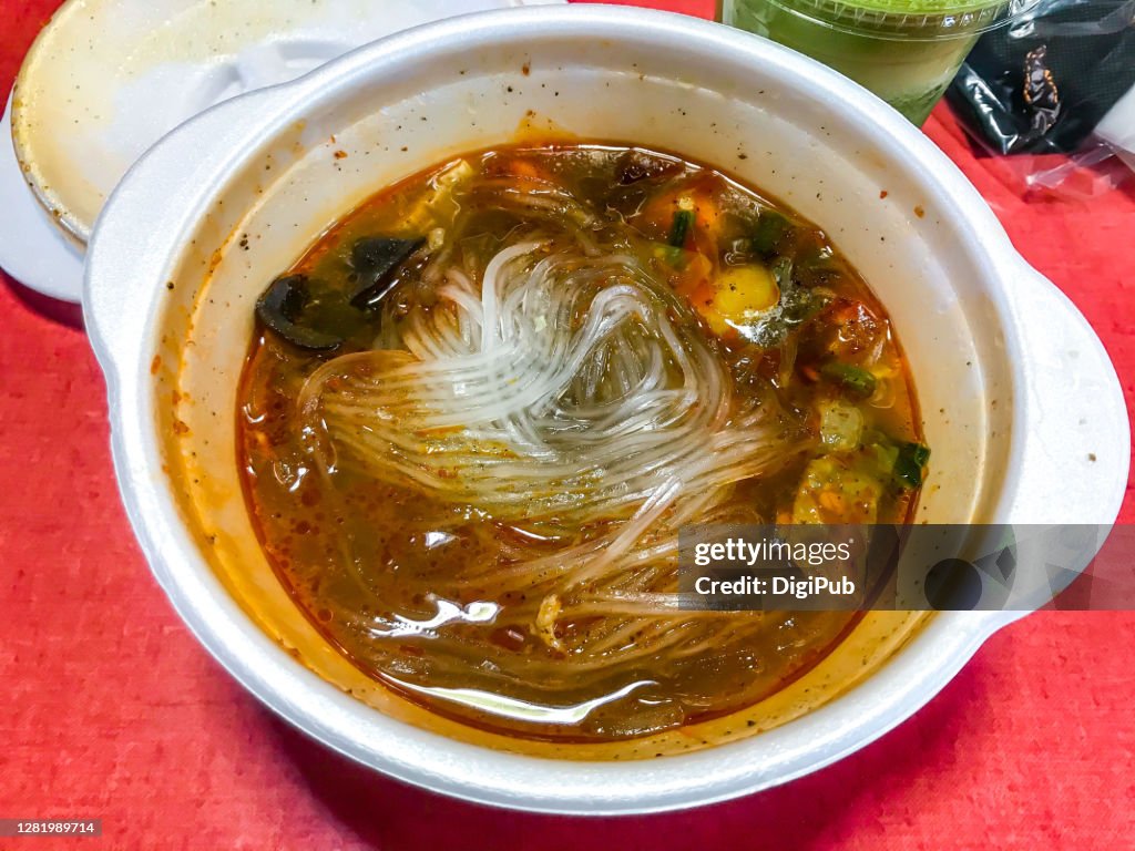 Malatang in disposable plastic bowl