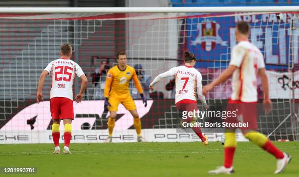 Marcel Sabitzer of RB Leipzig scores his sides second goal from the penalty spot during the Bundesliga match between RB Leipzig and Hertha BSC at Red...
