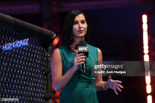 Megan Olivi speaks on the broadcast during the UFC 254 event on October 24, 2020 on UFC Fight Island, Abu Dhabi, United Arab Emirates.