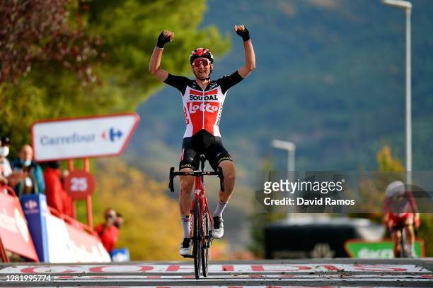 Arrival / Tim Wellens of Belgium and Team Lotto Soudal / Celebration / during the 75th Tour of Spain 2020, Stage 5 a 184,4km Huesca to Sabiñánigo...