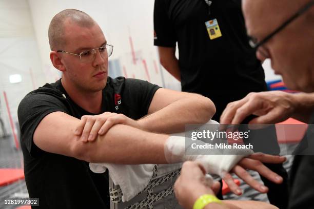 Stefan Struve of The Netherlands has his hands wrapped backstage during the UFC 254 event on October 24, 2020 on UFC Fight Island, Abu Dhabi, United...