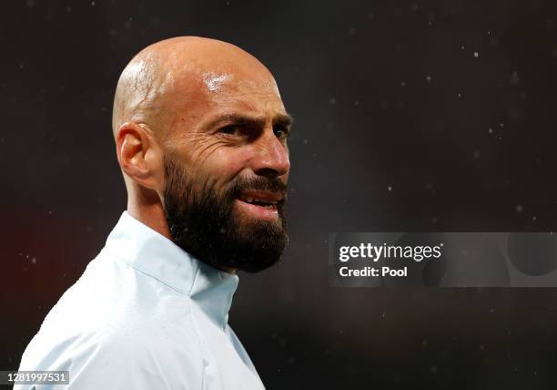 Wilfredo Caballero of Chelsea looks on during the Premier League match between Manchester United and Chelsea at Old Trafford on October 24, 2020 in...