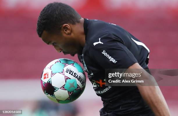 Alassane Plea of Moenchengladbach controls the ball during the Bundesliga match between 1. FSV Mainz 05 and Borussia Moenchengladbach at Opel Arena...