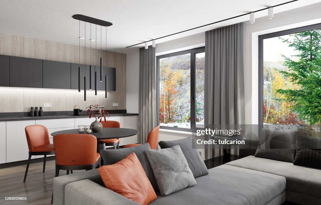 Normal Interior Modern Minimalist Apartment Interior Living Room With Kitchen And ...