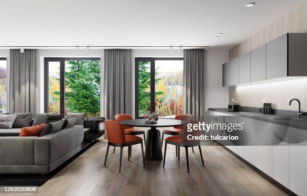 modern minimalist apartment interior. living room with kitchen and dining room - kitchen wide stock pictures, royalty-free photos & images