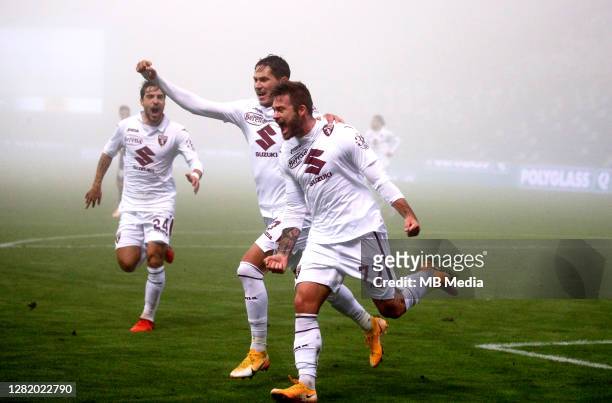 Karol Linetty of Torino FC celebrates with his team mates Sasa Lukic and Simone Verdi after scoring his goal ,during the Serie A match between US...