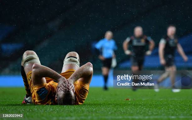 Joe Launchbury of Wasps looks dejected following his team's defeat in the Gallagher Premiership Rugby final match between Exeter Chiefs and Wasps at...