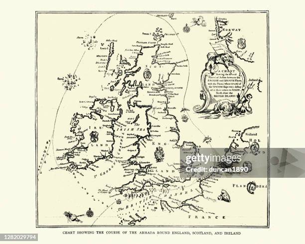 bildbanksillustrationer, clip art samt tecknat material och ikoner med karta som visar loppet av den spanska armadan runt england - scotland