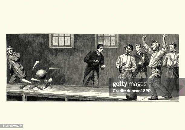 men playing a game of ten-pin bowling, victorian, 19th century - retro bowling alley stock illustrations