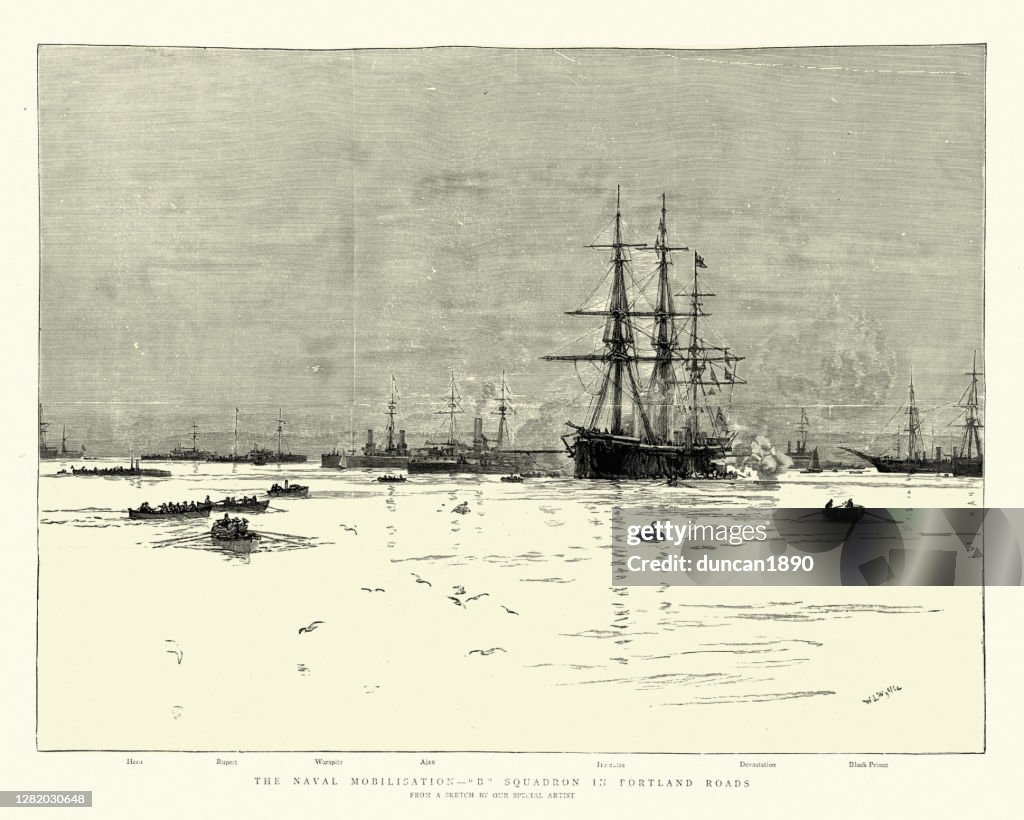 Royal navy warships mobilising in Portland Roads, 1880s, 19th Century