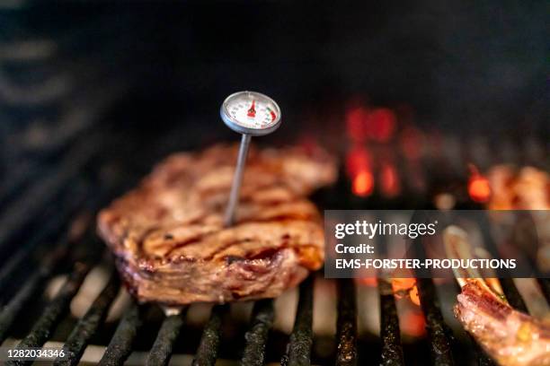 close-up of meat on barbecue grill - thermometer stockfoto's en -beelden