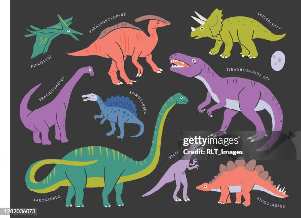 illustrations, cliparts, dessins animés et icônes de collection de dinosaures — éléments vectoriels dessinés à la main - dromaeosauridae