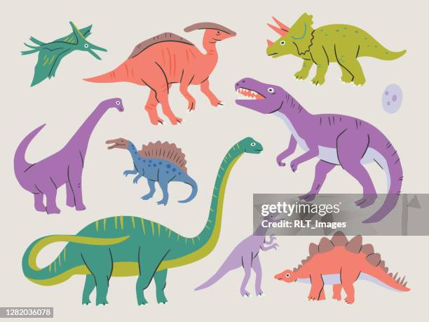 illustrazioni stock, clip art, cartoni animati e icone di tendenza di collezione di dinosauri — elementi vettoriali disegnati a mano - dinosauri