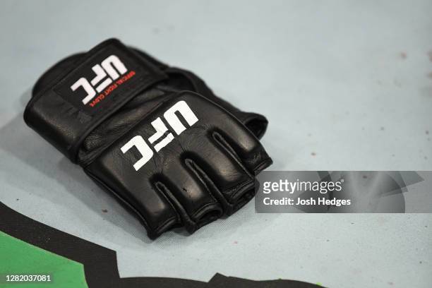Detail shot of Khabib Nurmagomedov's gloves as he announces his retirement in the Octagon after his victory over Justin Gaethje in their lightweight...