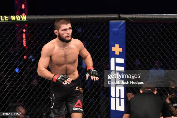 Khabib Nurmagomedov of Russia reacts after his submission victory over Justin Gaethje in their lightweight title bout during the UFC 254 event on...