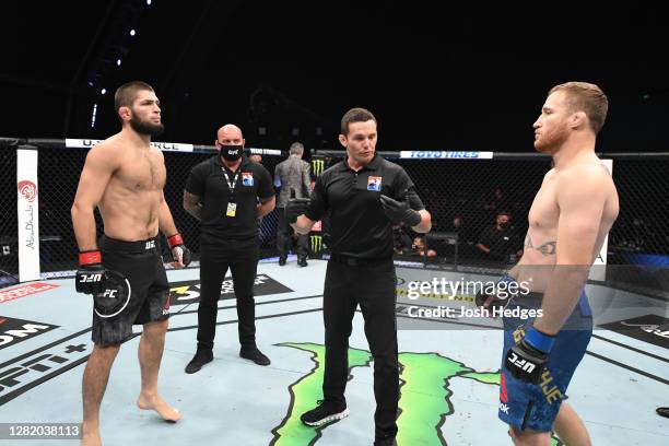 Khabib Nurmagomedov of Russia and Justin Gaethje face off prior to their lightweight title bout during the UFC 254 event on October 25, 2020 on UFC...
