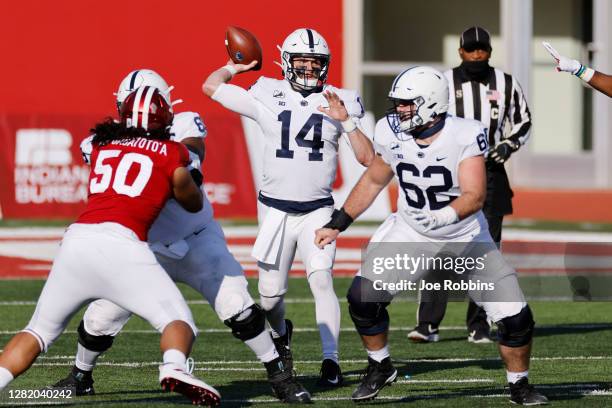 Sean Clifford of the Penn State Nittany Lions passes the ball against the Indiana Hoosiers in the second quarter of a game at Memorial Stadium on...