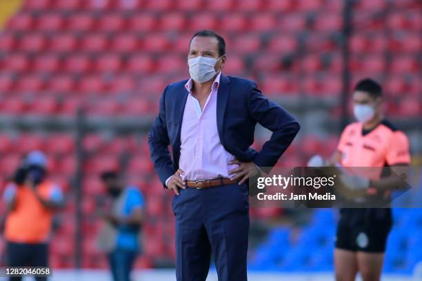 Jose Guadalupe Cruz, head coach of Necaxa, looks on during the 15th round match between Queretaro and Necaxa as part of the Torneo Guard1anes 2020...