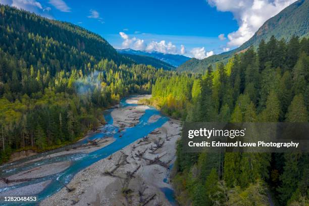 aerial view of the noosack river during the colorful autumn season. - cascade mountain range stock pictures, royalty-free photos & images