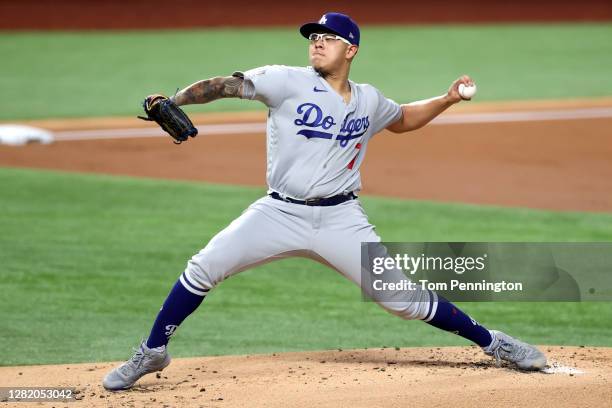 Julio Urias of the Los Angeles Dodgers delivers the pitch against the Tampa Bay Rays during the first inning in Game Four of the 2020 MLB World...