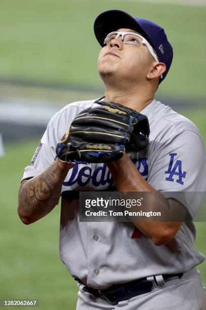 Julio Urias of the Los Angeles Dodgers is taken out of the game against the Tampa Bay Rays during the fifth inning in Game Four of the 2020 MLB World...