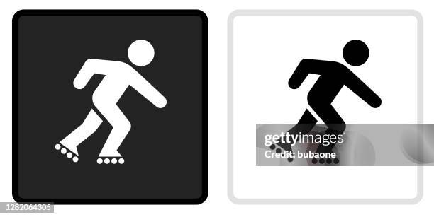 roller blading icon on black button with white rollover - roller skating stock illustrations