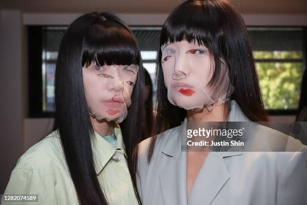 In this image released on OCTOBER 25 models are seen during the pre-shooting of LIE runway show as a part of Seoul Fashion Week 2021 SS on October...