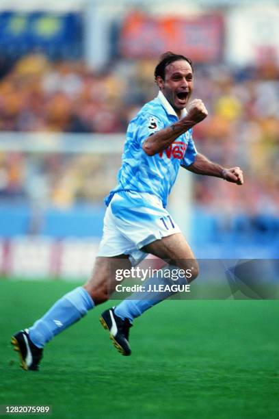 Salvatore Schillaci of Jubilo Iwata celebrates scoring his side's first goal during the J.League match between Jubilo Iwata and Shimizu S-Pulse at...