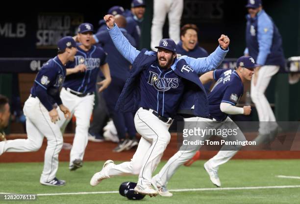 John Curtiss of the Tampa Bay Rays celebrates the teams 8-7 walk-off victory against the Los Angeles Dodgers in Game Four of the 2020 MLB World...
