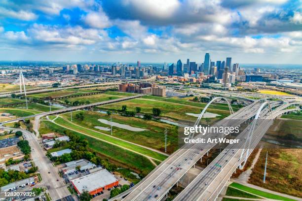 bridges to downtown dallas texas - trinity river dallas stock pictures, royalty-free photos & images