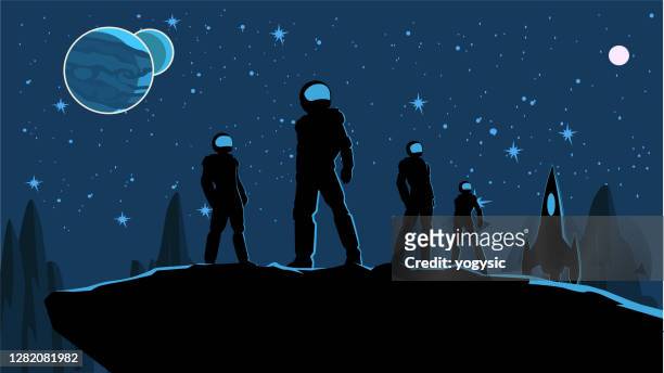 vector astronaut team auf einem planeten surface stock illustration - textfreiraum stock-grafiken, -clipart, -cartoons und -symbole