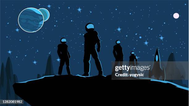 vector astronaut team on a planet surface stock illustration - astronaut vector stock illustrations