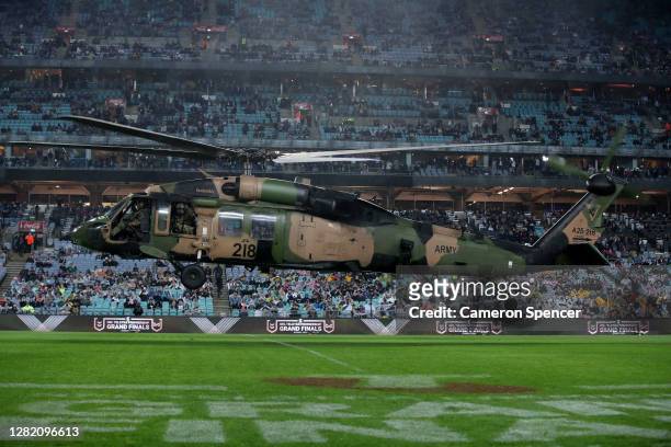 Black Hawk Helicopter delivers the match ball before the 2020 NRL Grand Final match between the Penrith Panthers and the Melbourne Storm at ANZ...