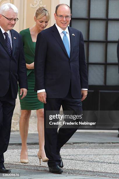 Prince Albert II of Monaco and Princess Charlene of Monaco posing for pictures during the state visit of president Of Croatia Ivo Josipovic At Monaco...