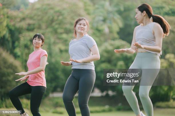 亞洲中國年輕女性熱身運動在公園在週末早晨伸展身體。 - aerobics 個照片及圖片檔