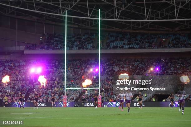 General view as the Storm kick a goal during the 2020 NRL Grand Final match between the Penrith Panthers and the Melbourne Storm at ANZ Stadium on...